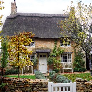 Exterior view of thatched cottage with front lawn and small trees and bushes