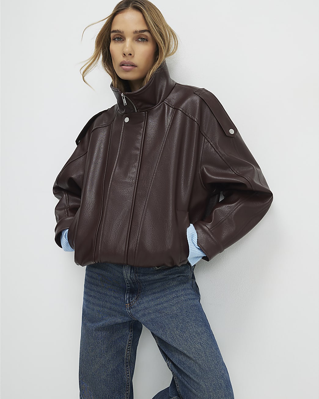 Brown Faux Leather Funnel Neck Jacket