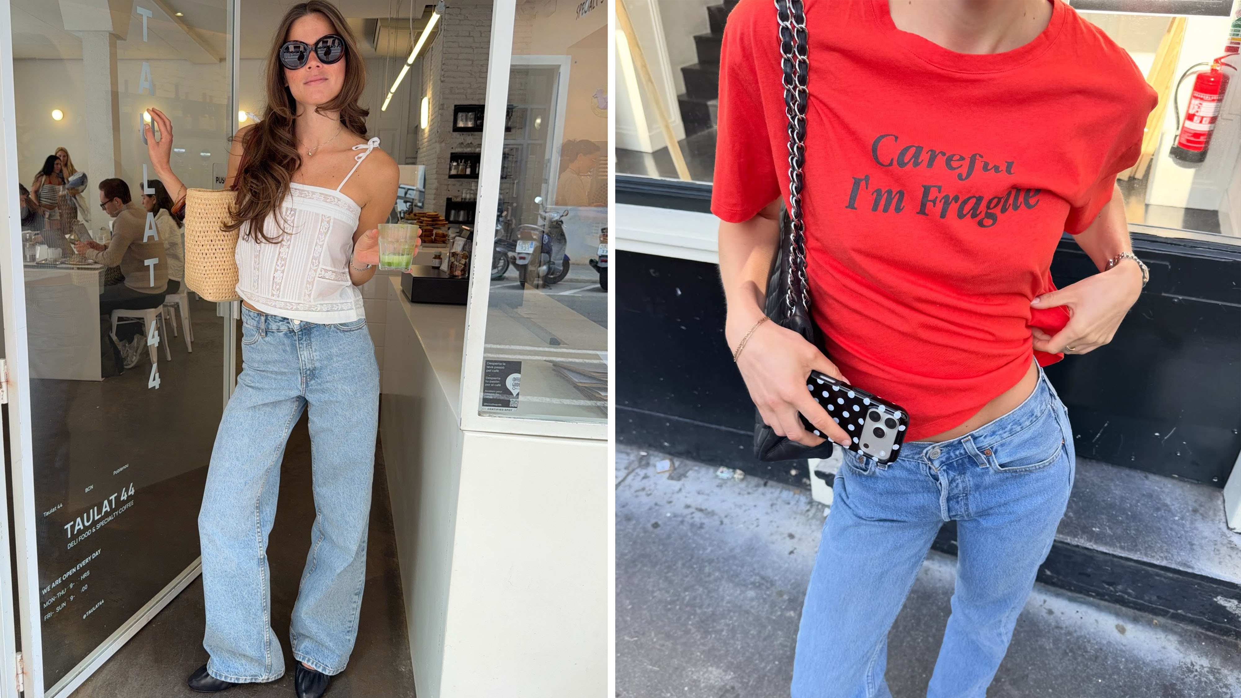 Woman in a white top and jeans; woman in a red graphic t-shirt and jeans