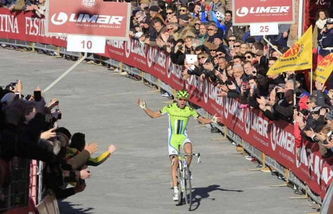 Moreno Moser (Cannondale) celebrates winning Strade Bianche