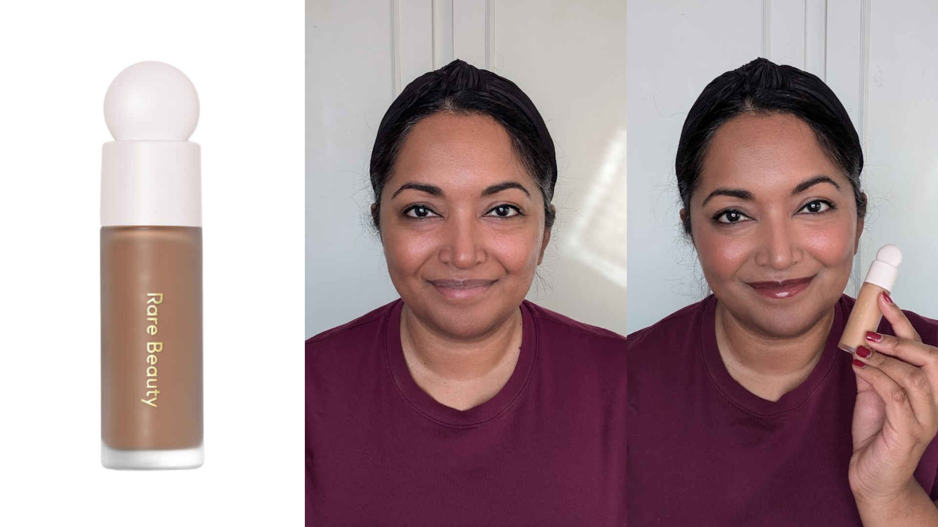 Collage of three images showing the Rare Beauty Liquid Touch Brightening Concealer (left) Ayesha with no makeup (centre) and a full-face of makeup while holding the concealer (right)
