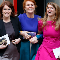 Princess Eugenie, Sarah Ferguson, Duchess of York and Princess Beatrice attend the wedding of Petra Palumbo and Simon Fraser, Lord Lovat at St Stephen Walbrook church on May 14, 2016 in London, England.