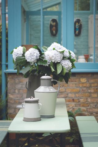 A mint green painted table and bench seating with vintage milk churns repurposed as flower vases with a bunch of pale blue hydrangeas.