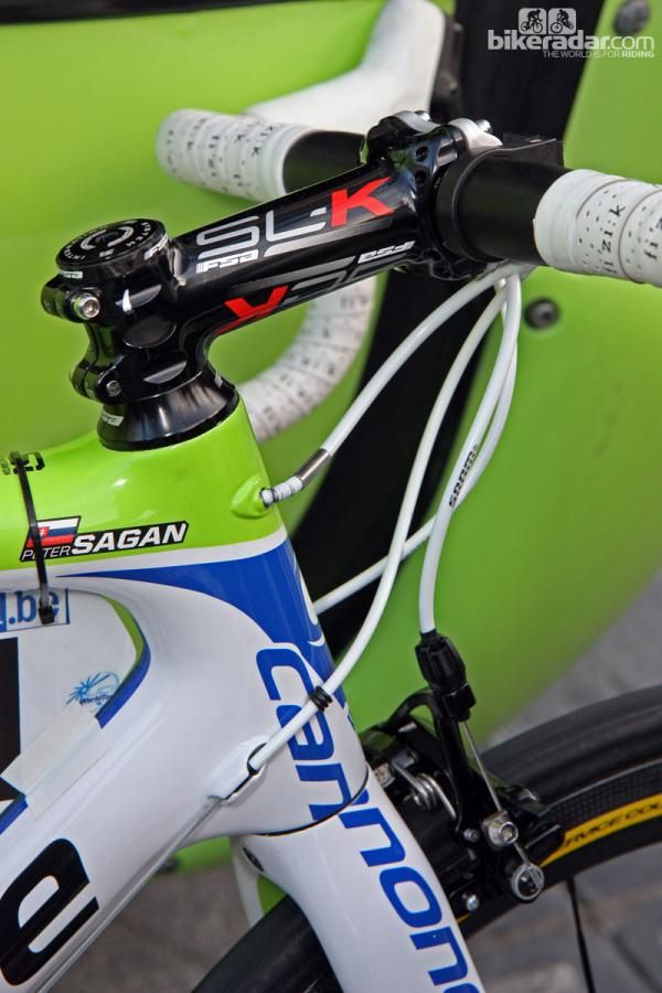 Curious rear brake cable routing on Peter Sagan's (Liquigas-Cannondale) Cannondale SuperSix Evo.