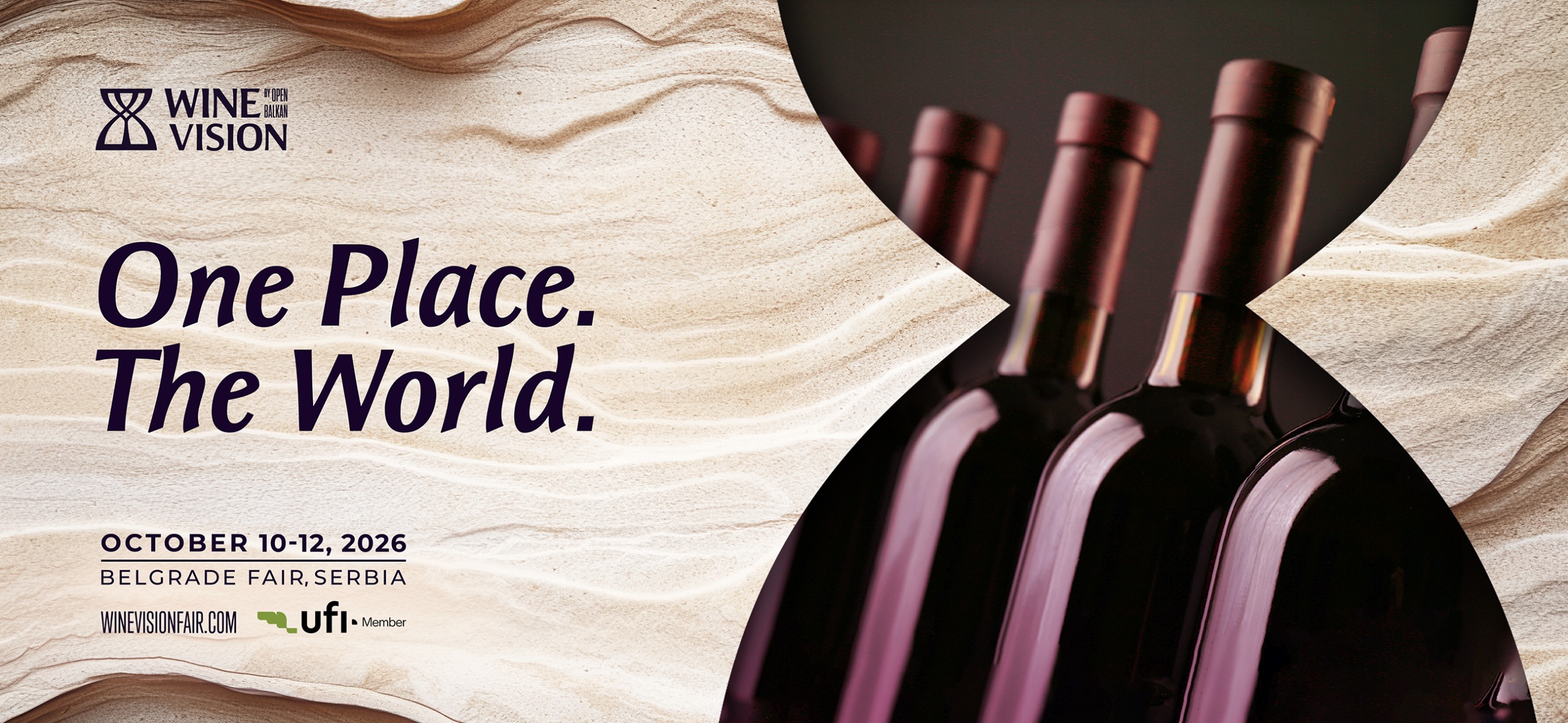 Poster for Wine Vision 2026 fair, saying 'One Place. The World.'