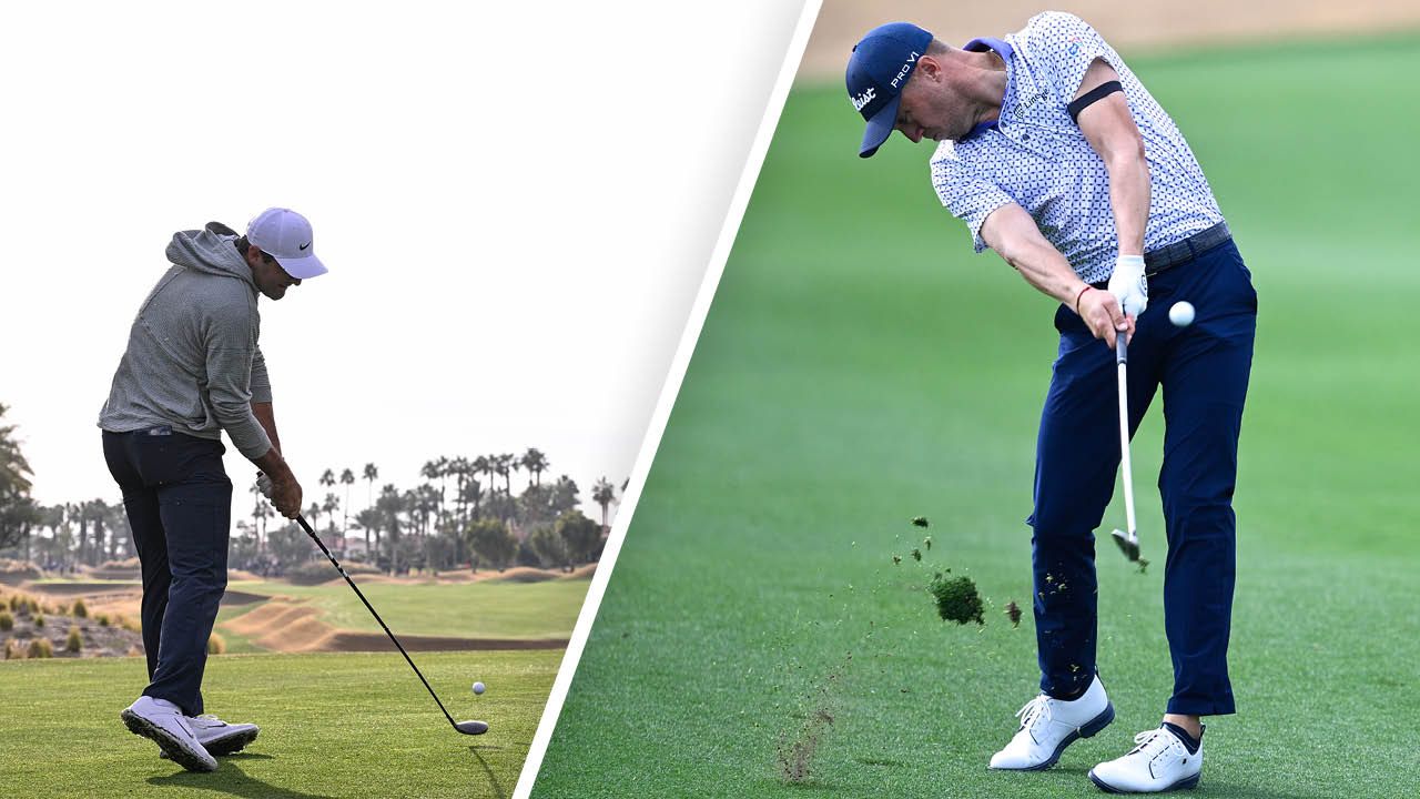 Scottie Scheffler and Justin Thomas hitting a golf shot