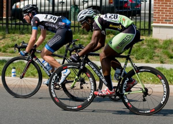 Gavriel Epstein (Garmin Transitions) and Jermaine Burrowes (WS United Mango Seed) lead the breakaway