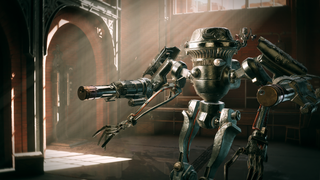 A retro-futuristic robot does his rounds in WolfEye Studio's next game, a cannon of some sort grafted to his arm.