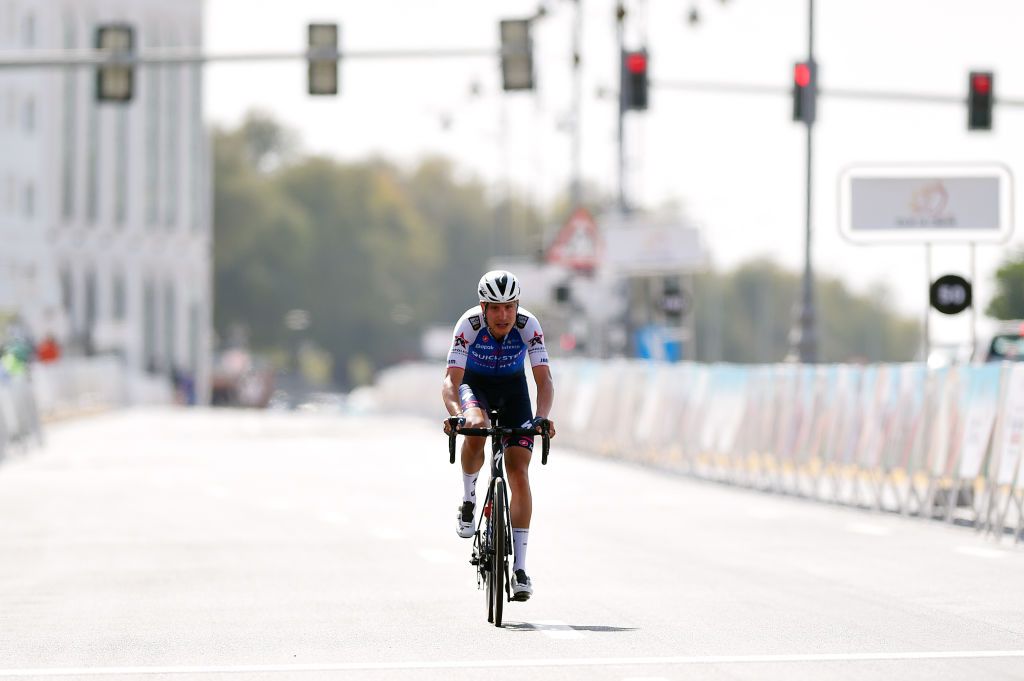 MUSCAT OMAN FEBRUARY 13 Fausto Masnada of Italy and Team QuickStep Alpha Vinyl celebrates winning during the 11th Tour Of Oman 2022 Stage 4 a 1195km stage from Al Sifah to Mucat TourofOman on February 13 2022 in Muscat Oman Photo by Dario BelingheriGetty Images