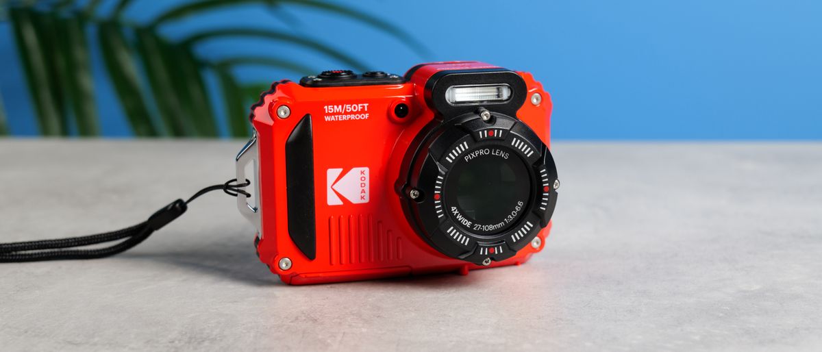 A red Kodak PIXPRO WPZ2 compact camera