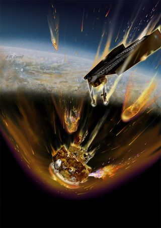 Experts predict that Russia&#039;s failed Mars probe Phobos-Grunt will crash back to Earth in mid-January 2012. This artist&#039;s concept shows fuel burning from a ruptured fuel tank as the spacecraft re-enters the atmosphere.