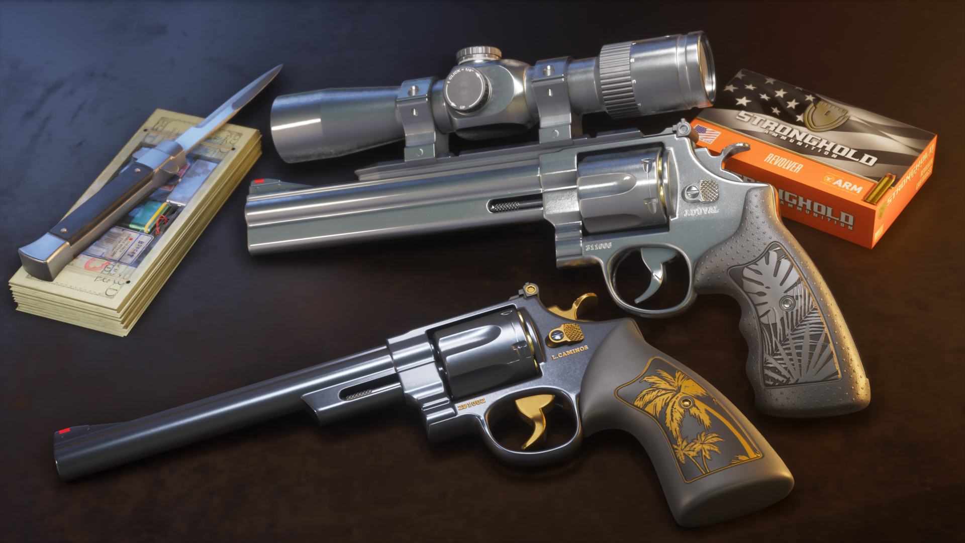 GTA 6 weapons: Lucia and Jason's custom Morgan revolvers on a table, next to ammo, a knife, and a stack of cash.