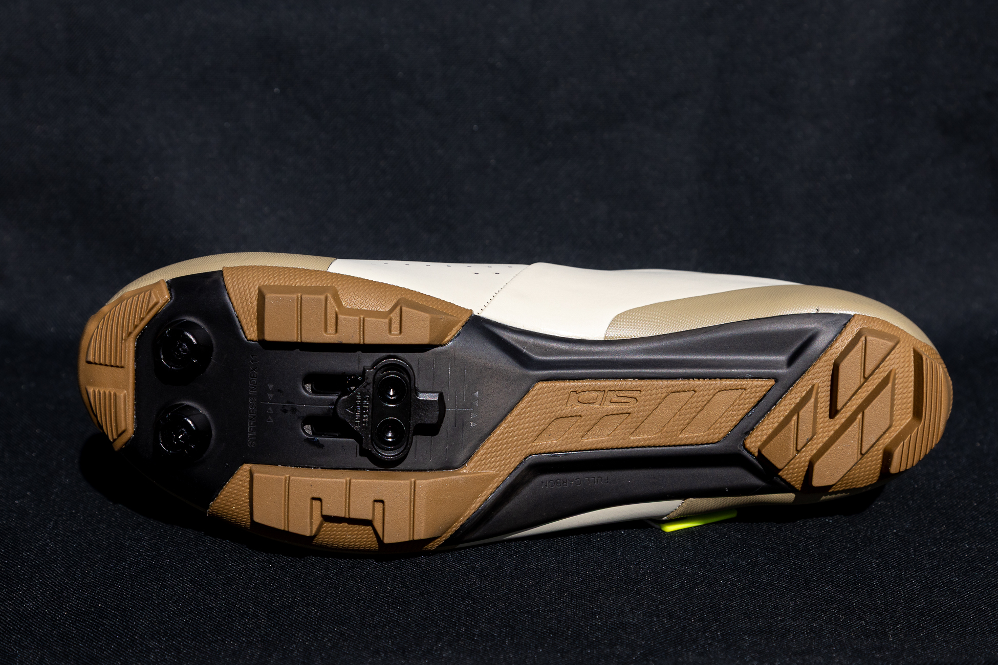 Close up of the sole of the Sidi Physis MTB shoe showing the cleats and toe studs