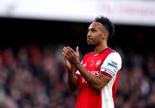 Arsenal’s Pierre-Emerick Aubameyang applauds the fans at the end of the Premier League match at the Emirates Stadium, London. Picture date: Sunday November 7, 2021