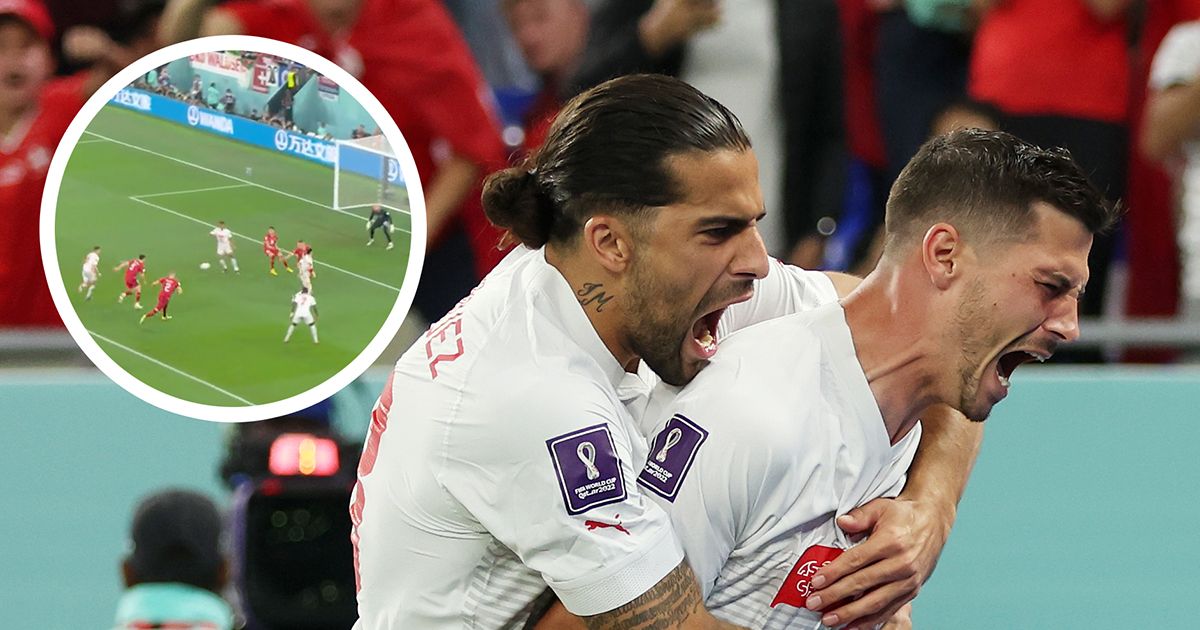 Remo Freuler of Switzerland celebrates with teammates after scoring the team’s third goal during the FIFA World Cup Qatar 2022 Group G match between Serbia and Switzerland at Stadium 974 on December 02, 2022 in Doha, Qatar.