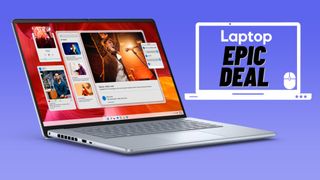 Silver Dell Inspiron 16 Plus against blue gradient background.