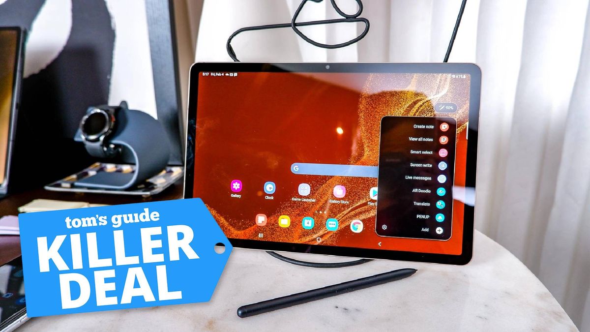 Samsung Galaxy Tab S8 on a table with a Tom&#039;s Guide deal tag