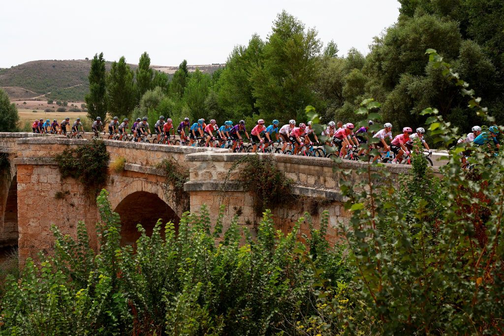 BURGOS SPAIN AUGUST 15 A general view of the peloton passing through a landscape during the 45th Vuelta a Burgos 2023 Stage 1 a 161km stage from Villalba de Duero to Burgos on August 15 2023 in Burgos Spain Photo by Gonzalo Arroyo MorenoGetty Images