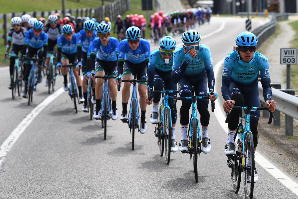 INNSBRUCK AUSTRIA APRIL 19 Harold Tejada Canacue of Colombia Jonas Gregaard Wilsly of Denmark Matteo Sobrero of Italy and Team Astana Premier Tech during the 44th Tour of the Alps 2021 Stage 1 a 1406km stage from Brixen to Innsbruck TourofTheAlps TouroftheAlps on April 19 2021 in Innsbruck Austria Photo by Tim de WaeleGetty Images