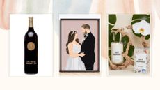 Three different wedding gift ideas on a pastel background with different colored paint strokes