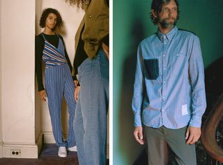 Models wear striped jumpsuit and shirt with denim jeans and khaki shirt