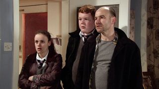 Joe as Tim Metcalfe in Corrie with his daughter Faye and her friend Craig (ITV)