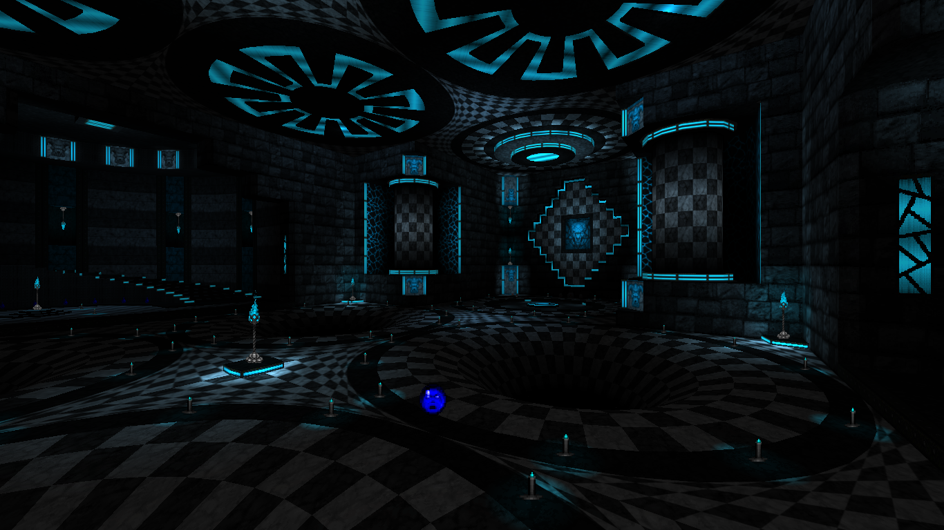 An image of neon teal castle interiors from the Doom WAD Lullaby