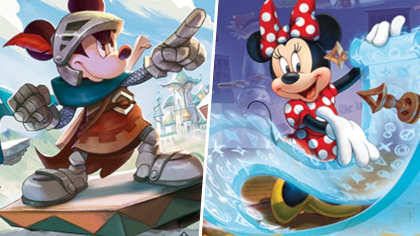 Mickey Mouse in knight&#039;s armor, pointing, divided from Minnie mouse with a mystical scroll by a white line