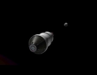 The moon appears behind NASA's first Orion space capsule in this view from a NASA animation depicting the unmanned Exploration Flight Test 1 mission to check out critical re-entry and flight systems.