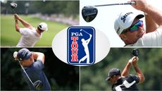 A PGA Tour logo with various golfers hitting driver around it