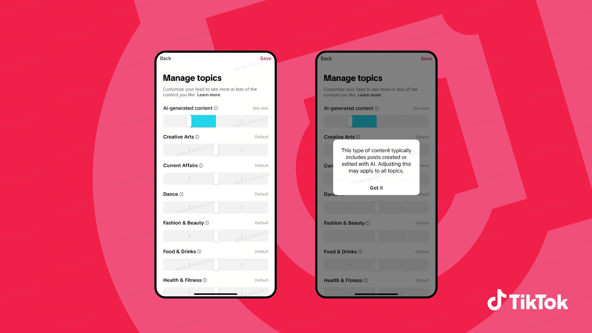 A screenshot of an upcoming Manage Topics slider for AI content in TikTok