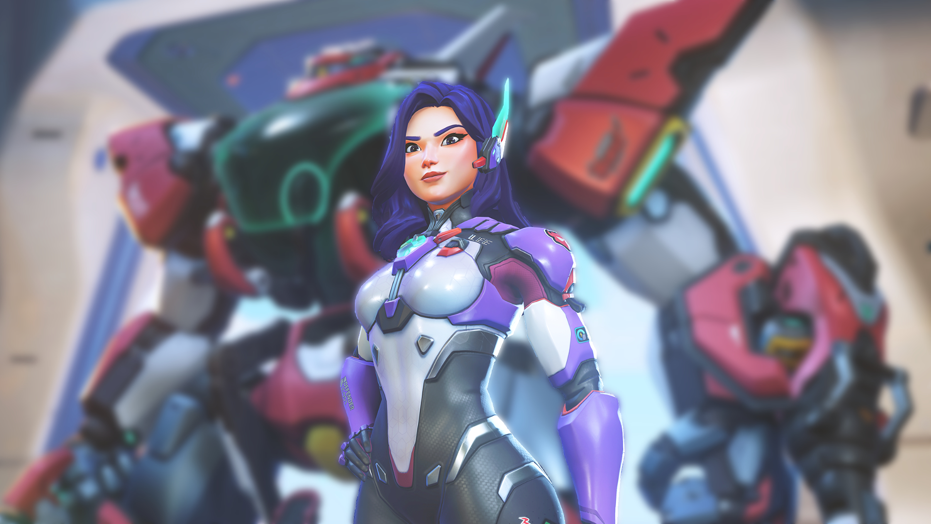 A promotional screenshot of the new Overwatch hero D.Mon. A Korean woman in a purple futuristic pilot suit stands tall in front of her large mech.