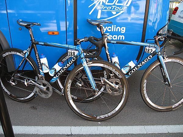 Milram bikes of Alessandro Cortinovis (182) and Enrico Poitschke.