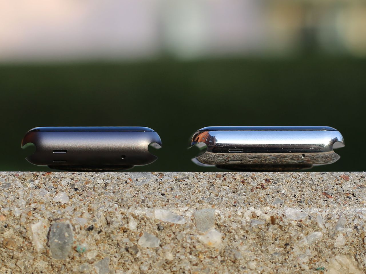 Space Black Sport case and Silver Stainless Steel case from the left