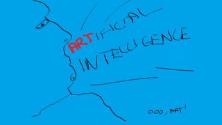 Artificial intelligence drawn crudely with the words 'ooo, art' at the bottom right.
