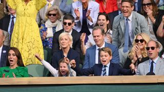 Catherine, Princess of Wales, Princess Charlotte of Wales, Prince George of Wales and Prince William, Prince of Wales celebrate during Carlos Alcaraz vs Novak Djokovic in the Wimbledon 2023 men's final on Centre Court during day fourteen of the Wimbledon Tennis Championships at the All England Lawn Tennis and Croquet Club on July 16, 2023 in London, England