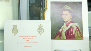 A 1972 Christmas card from the Queen and Duke of Edinburgh is displayed during the media preview for Julien's "Legends: Hollywood and Royalty" auction and exhibition, in Beverly Hills, California, on August 28, 2023