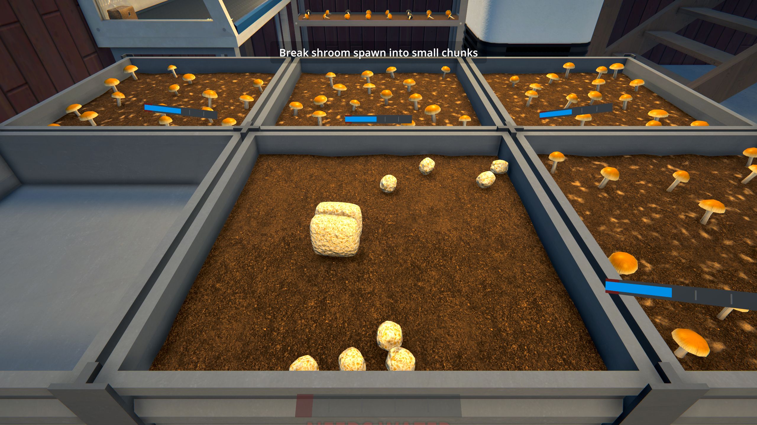 Schedule 1 shroom spores being broken up in a mushroom bed.