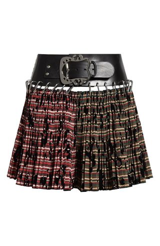 Roberta Mixed Plaid Pleated Carabiner Miniskirt