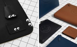 Left, a black leather folder with pockets and eyes on it. Right, leather folders in various sizes and colours.