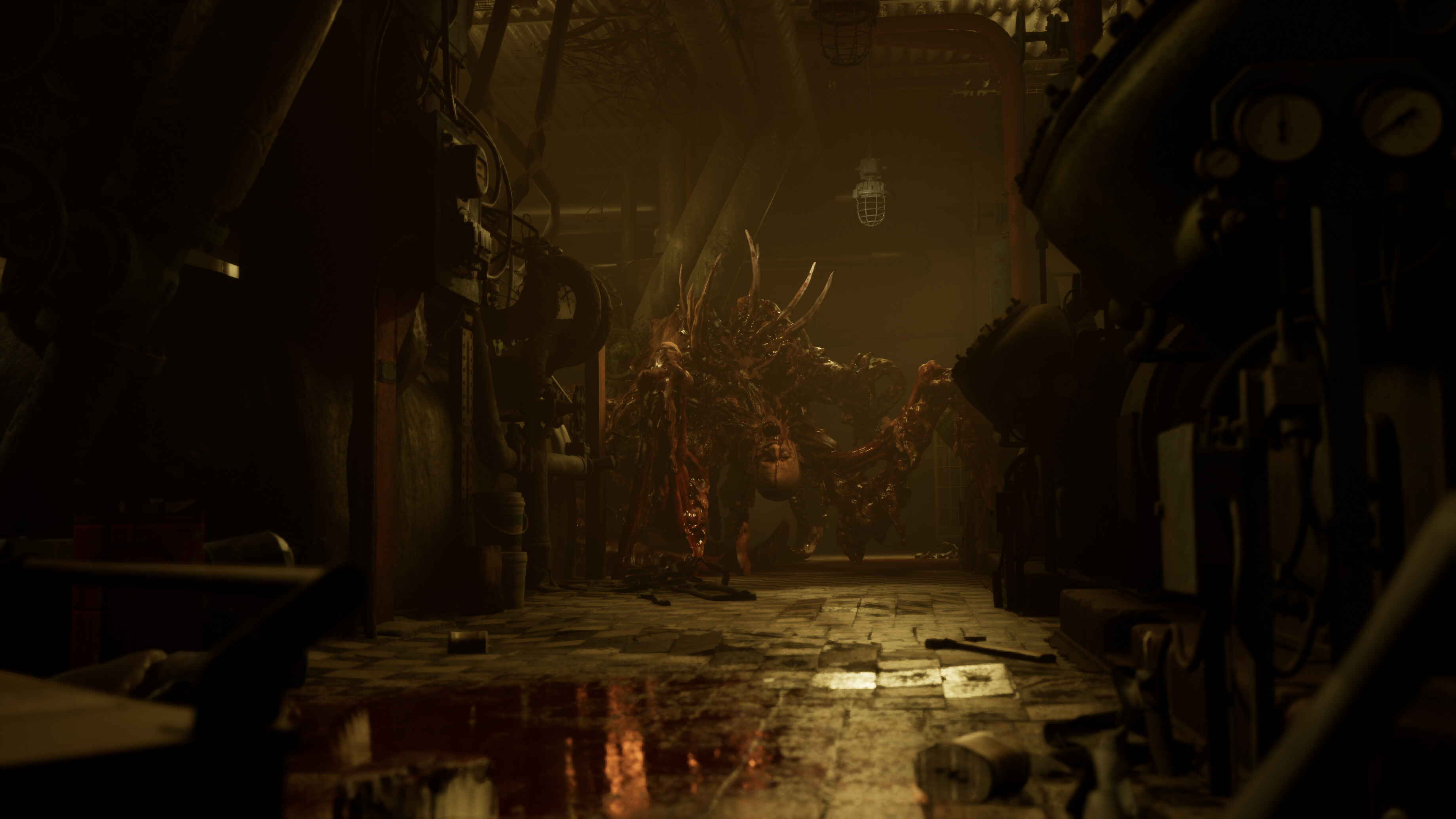A monster that looks like several humans mushed together crawling at the end of a dark hallway