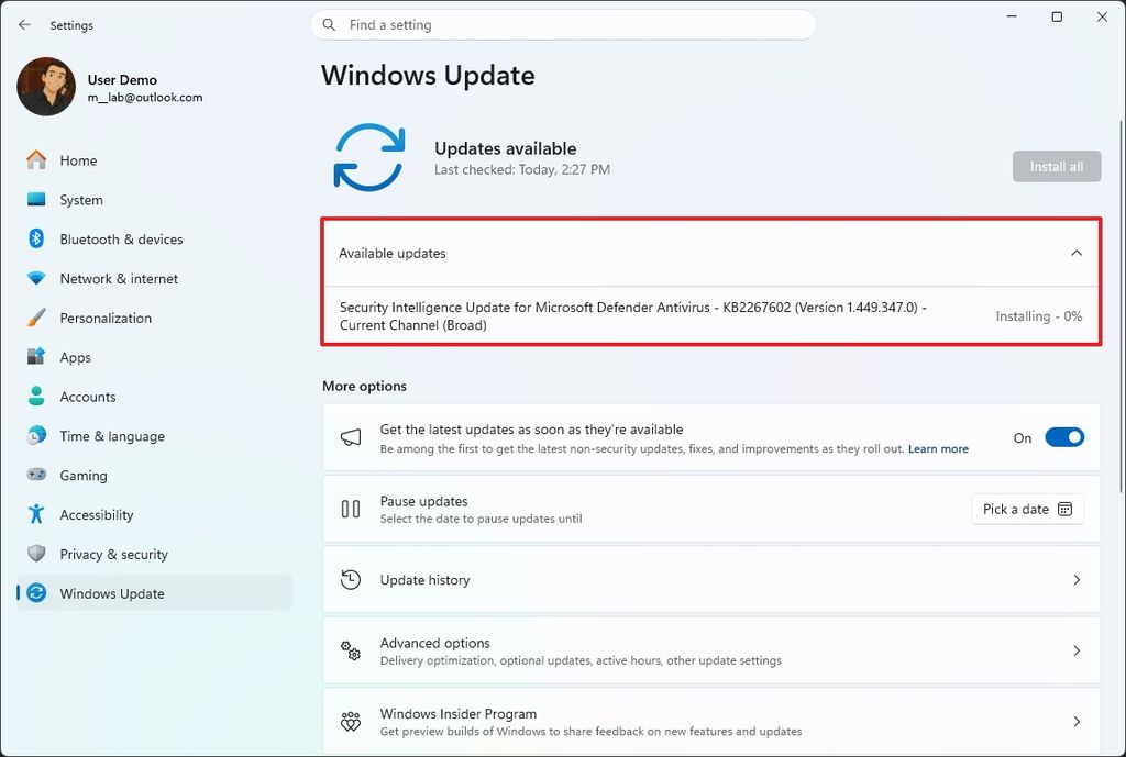 Available updates section