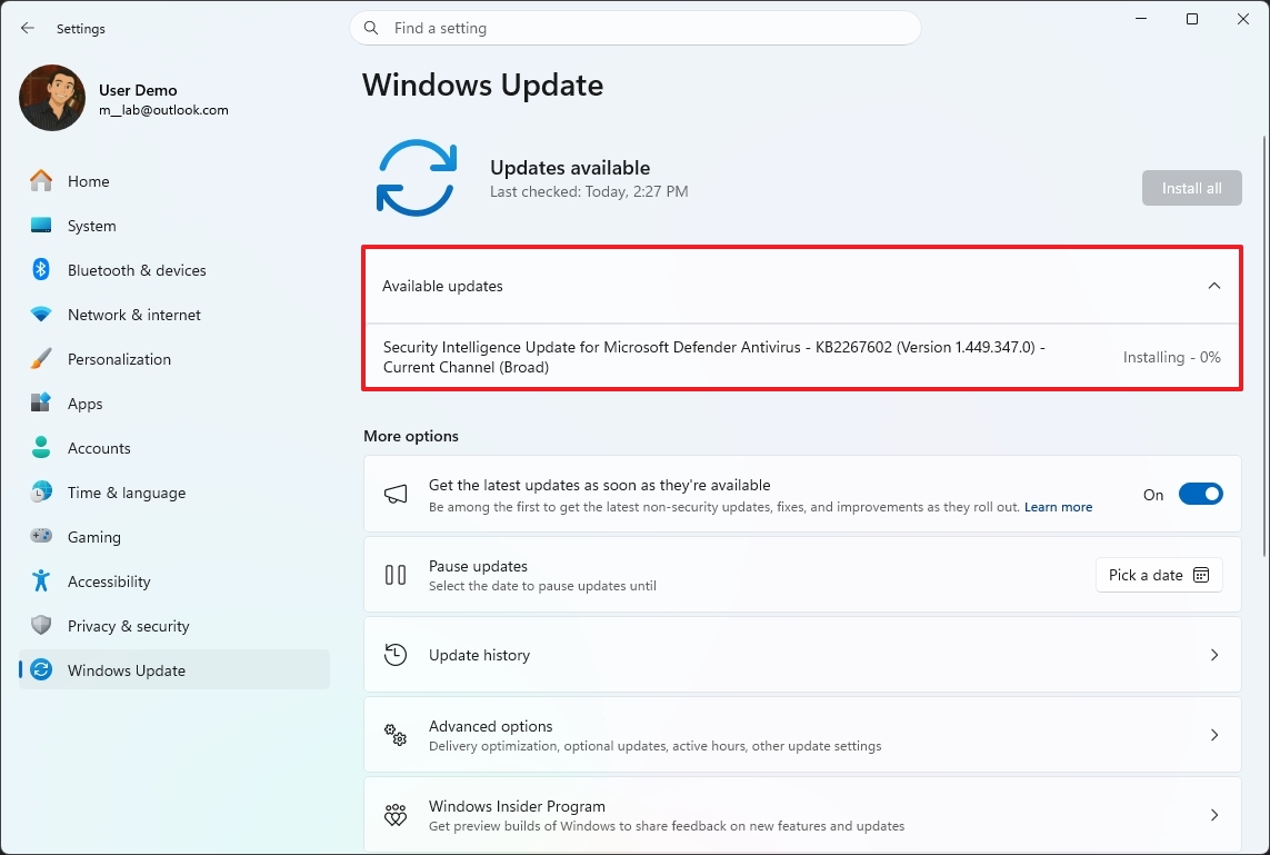 Available updates section