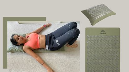 Minreet Kaur using Shakti Mat to find acupressure mat benefits next to product image of the mat and pillow