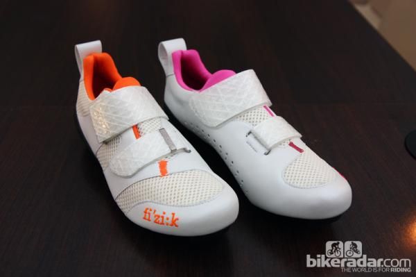 Fi'zi:k's new women's-specific K1 Donna triathlon shoes are intentionally accented with different colors from left to right.