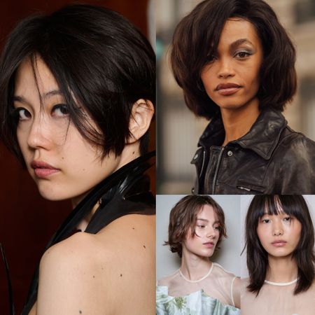 short choppy curtain bangs and shaggy layers on different hair lengths, dark tousled bob with pieces falling across the face, soft wispy fringe and flipped out ends, effortless messy hair inspo