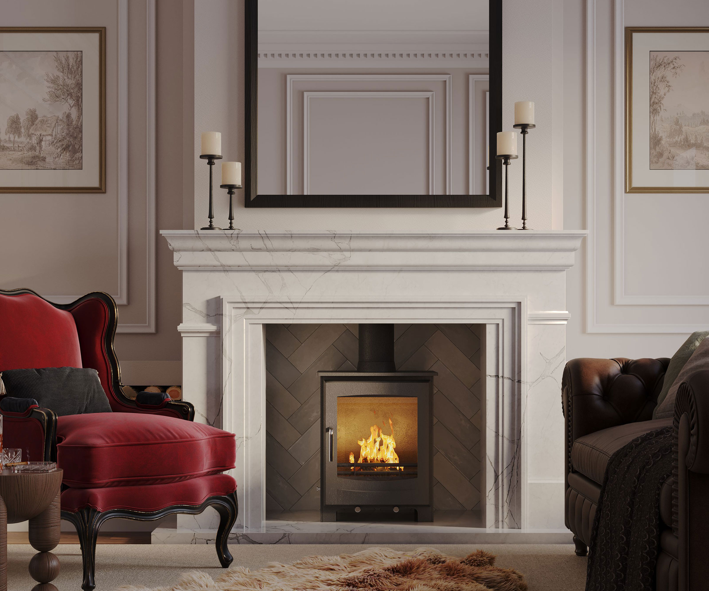 marble fire surround with log burning stove in grand living room