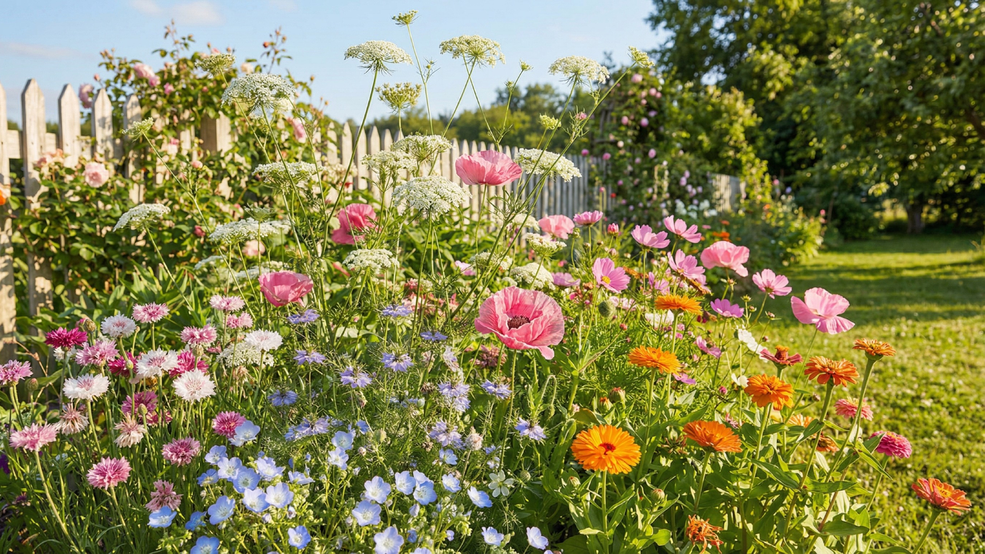 spring-sown hardy annuals in a summer garden flowerbed 