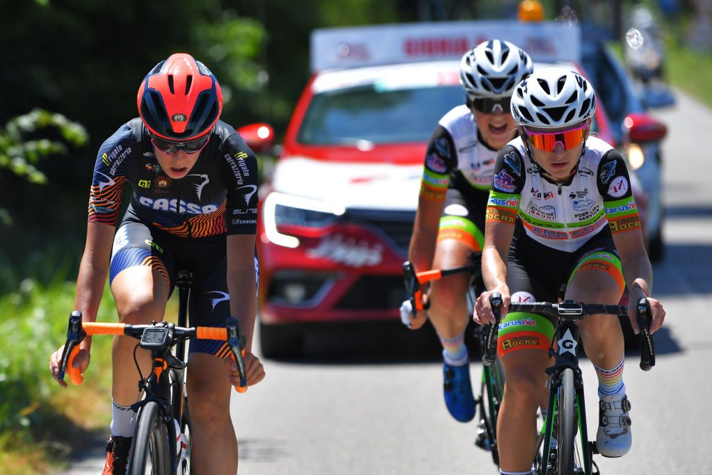 MORTEGLIANO ITALY JULY 09 Natalia Studenikina of Russia and Team Born To Win G20 Ambedo Giorgia Vettorello of Italy and Team Top Girls Fassa Bortolo in the Breakaway during the 32nd Giro dItalia Internazionale Femminile 2021 Stage 8 a 1294km stage from San Vendemiano to Mortegliano GiroDonne UCIWWT on July 09 2021 in Mortegliano Italy Photo by Luc ClaessenGetty Images