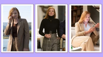 Shiv Roy's outfits, Sarah Snook pictured as Shiv in Succession in a three picture purple template